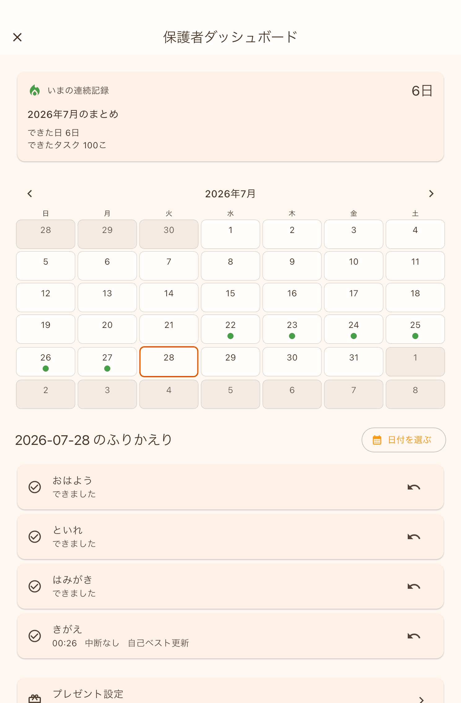 保護者ダッシュボード。いまの連続記録 6日、月のまとめ、カレンダー、その日のふりかえり一覧